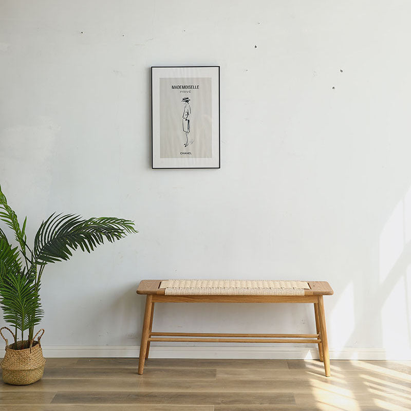 Zeitgenössische nordische Weberei Eiche Kirschholz Kordel rechteckige Bank mit 2-stufigem Design für den Eingangsbereich und das Wohnzimmer 