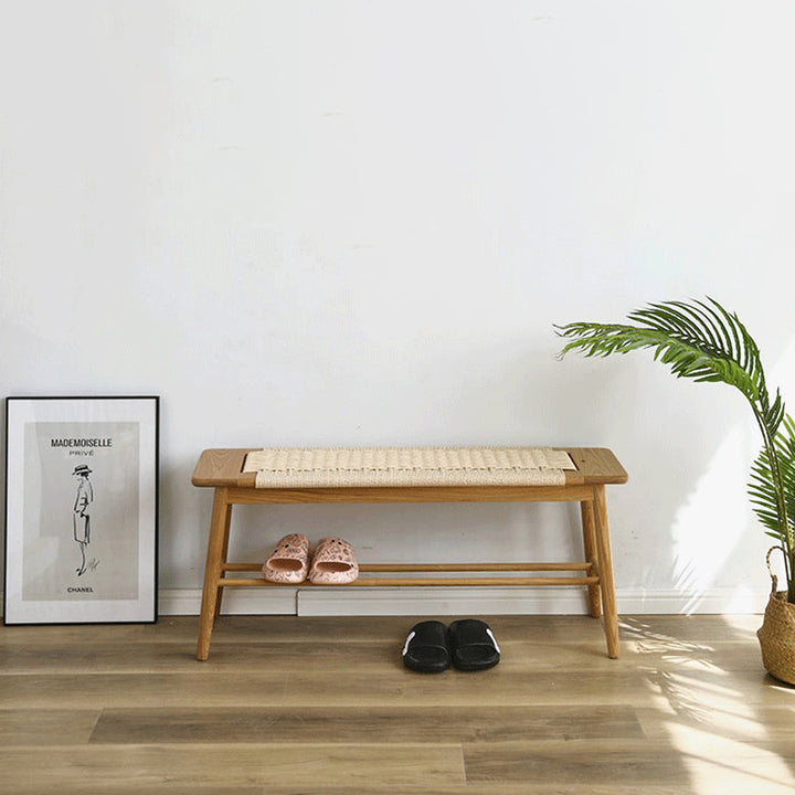 Banc rectangulaire contemporain en chêne et cerisier avec corde tissée nordique et design à 2 niveaux pour l'entrée et le salon 