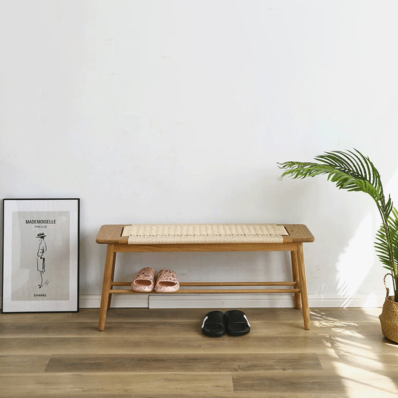 Zeitgenössische nordische Weberei Eiche Kirschholz Kordel rechteckige Bank mit 2-stufigem Design für den Eingangsbereich und das Wohnzimmer 