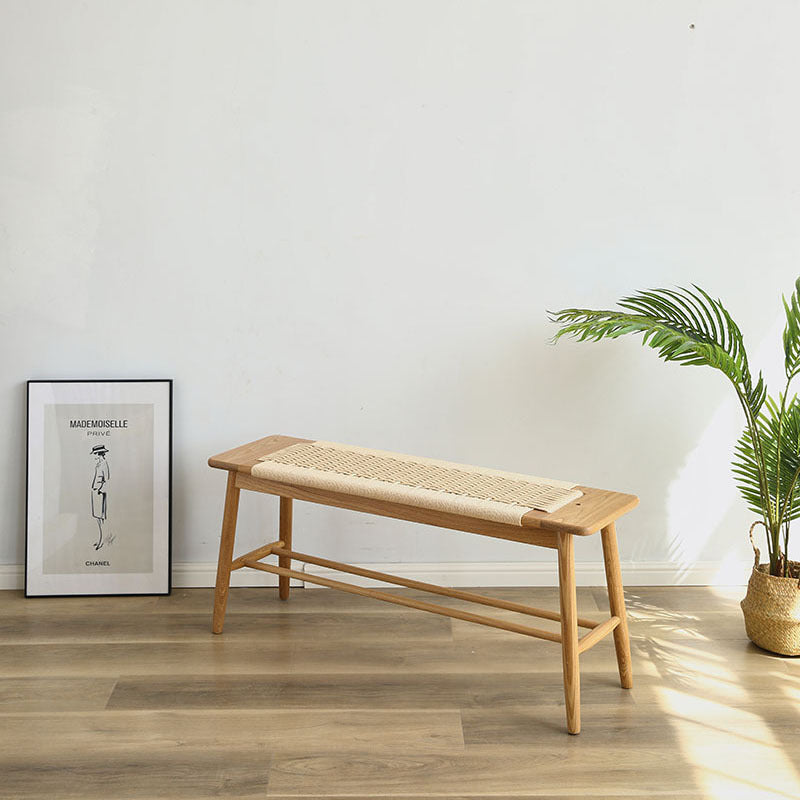 Zeitgenössische nordische Weberei Eiche Kirschholz Kordel rechteckige Bank mit 2-stufigem Design für den Eingangsbereich und das Wohnzimmer 