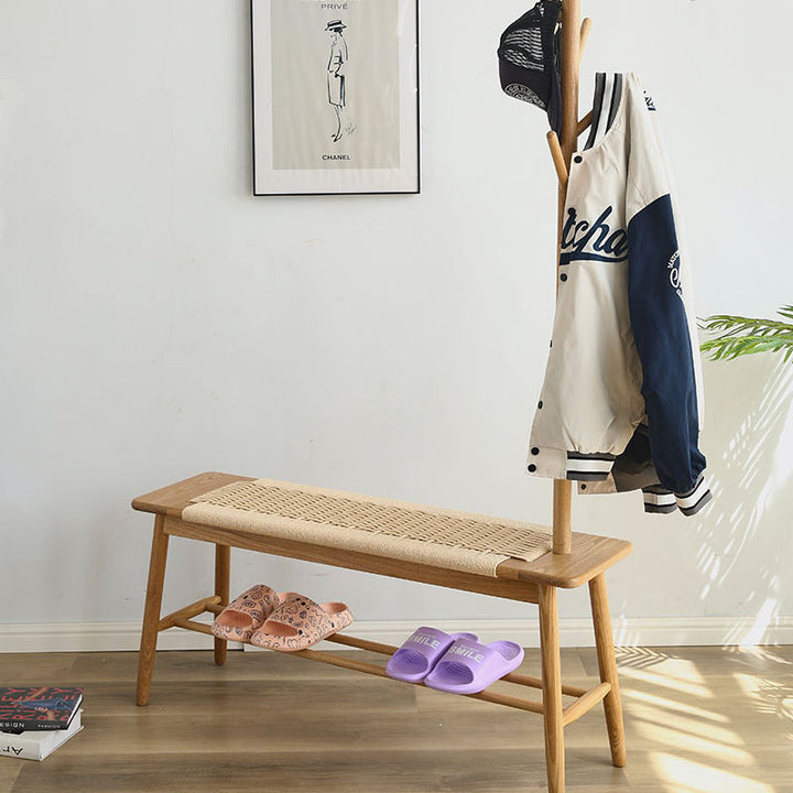 Banc rectangulaire contemporain en chêne et cerisier avec corde tissée nordique et design à 2 niveaux pour l'entrée et le salon 