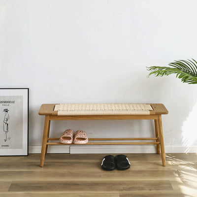 Zeitgenössische nordische Weberei Eiche Kirschholz Kordel rechteckige Bank mit 2-stufigem Design für den Eingangsbereich und das Wohnzimmer 