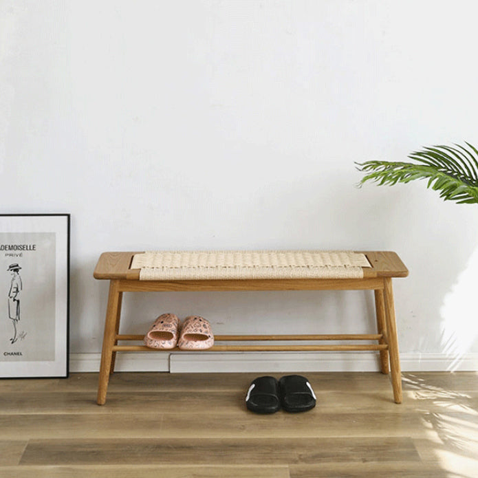 Zeitgenössische nordische Weberei Eiche Kirschholz Kordel rechteckige Bank mit 2-stufigem Design für den Eingangsbereich und das Wohnzimmer 