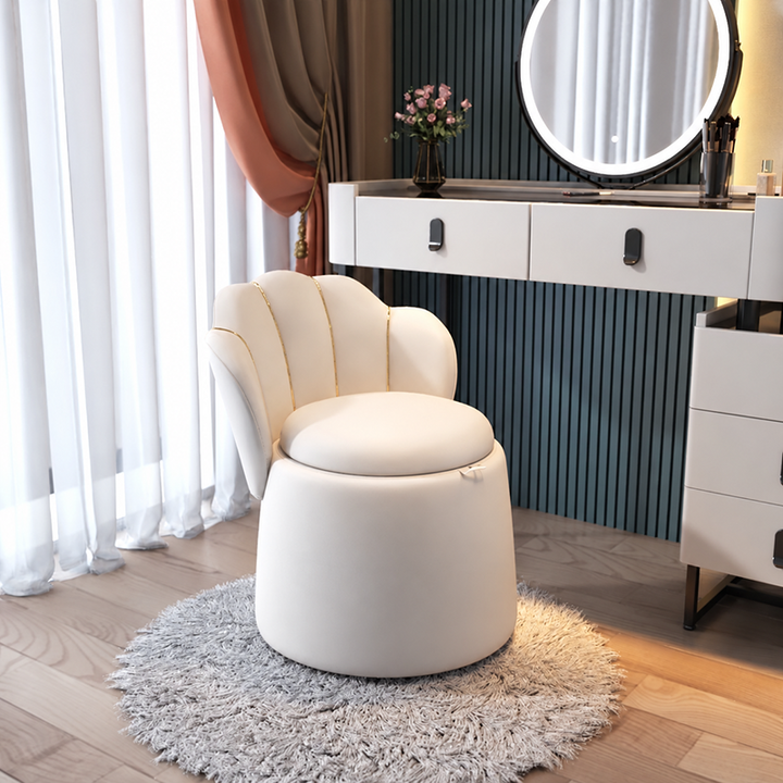 Taburete tocador con respaldo y almacenamiento de estilo nórdico contemporáneo, en terciopelo, madera contrachapada y acero, con respaldo redondo de pétalos, para dormitorio 