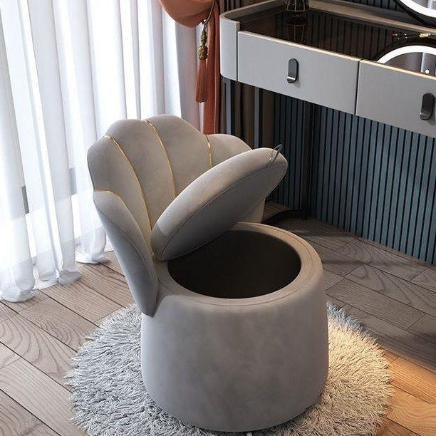 Contemporary Nordic Velvet Wood Round Petal-Back Storage Vanity Stool Backrest For Bedroom