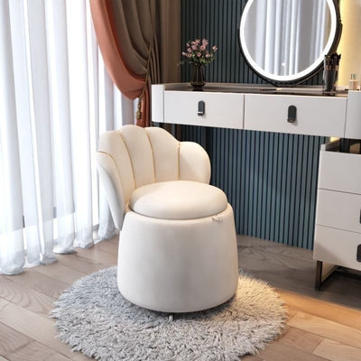 Contemporary Nordic Velvet Wood Round Petal-Back Storage Vanity Stool Backrest For Bedroom