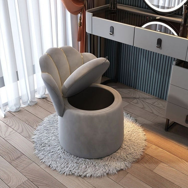 Taburete tocador con respaldo y almacenamiento de estilo nórdico contemporáneo, en terciopelo, madera contrachapada y acero, con respaldo redondo de pétalos, para dormitorio 