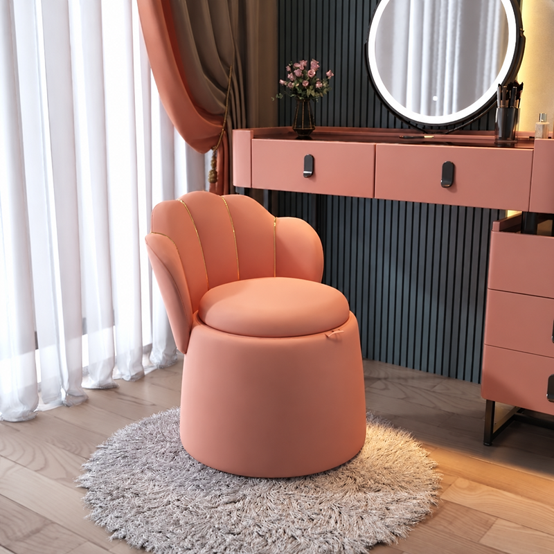 Taburete tocador con respaldo y almacenamiento de estilo nórdico contemporáneo, en terciopelo, madera contrachapada y acero, con respaldo redondo de pétalos, para dormitorio 