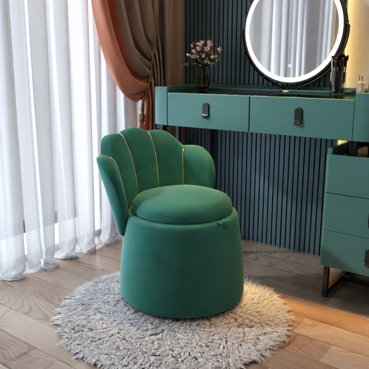 Taburete tocador con respaldo y almacenamiento de estilo nórdico contemporáneo, en terciopelo, madera contrachapada y acero, con respaldo redondo de pétalos, para dormitorio 