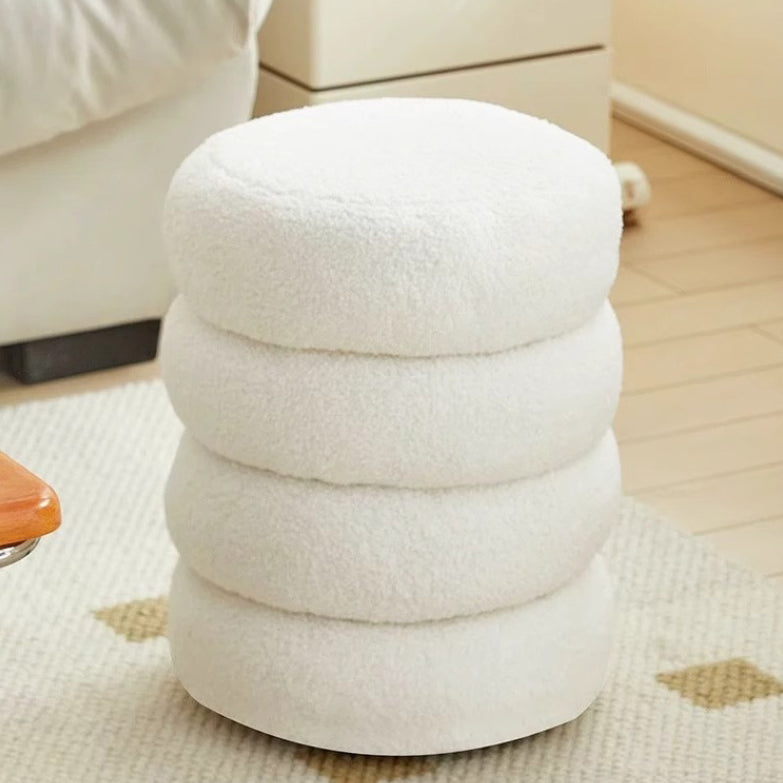 Contemporary Nordic Lambswool Wood Round Low Stool Multi-Tier For Living Room And Bedroom