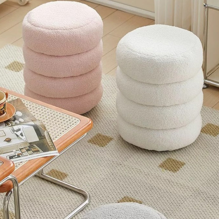 Contemporary Nordic Sherpa Fabric Engineered Board Round Low Stool Multi-Tier For Living Room And Bedroom