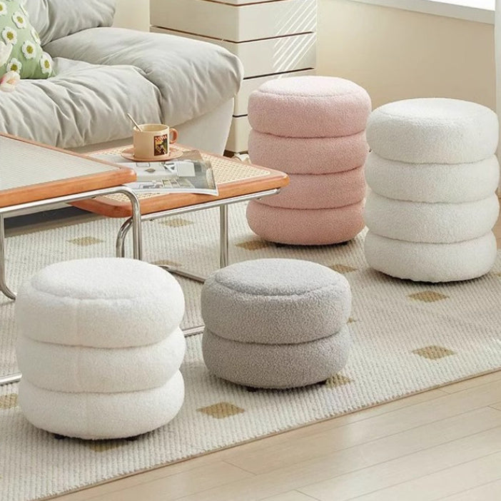 Contemporary Nordic Lambswool Wood Round Low Stool Multi-Tier For Living Room And Bedroom