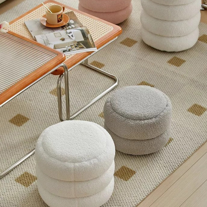 Contemporary Nordic Sherpa Fabric Engineered Board Round Low Stool Multi-Tier For Living Room And Bedroom