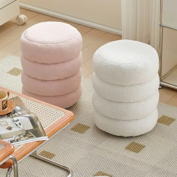 Contemporary Nordic Sherpa Fabric Engineered Board Round Low Stool Multi-Tier For Living Room And Bedroom