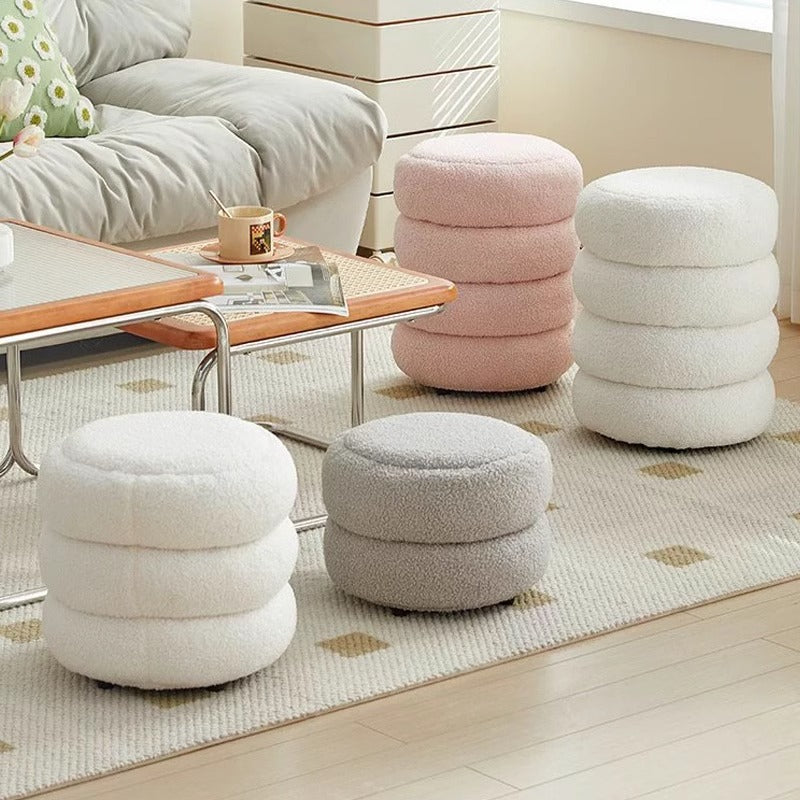 Contemporary Nordic Lambswool Wood Round Low Stool Multi-Tier For Living Room And Bedroom