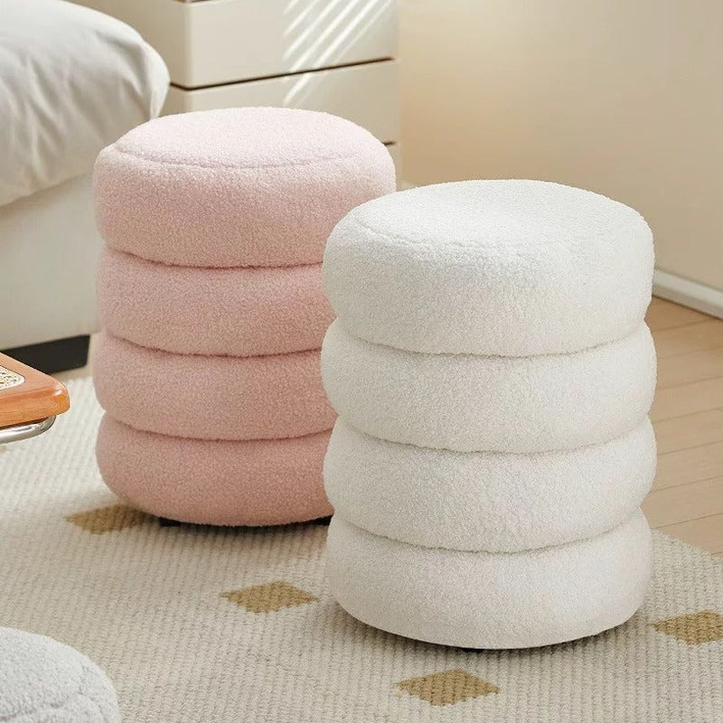 Contemporary Nordic Lambswool Wood Round Low Stool Multi-Tier For Living Room And Bedroom