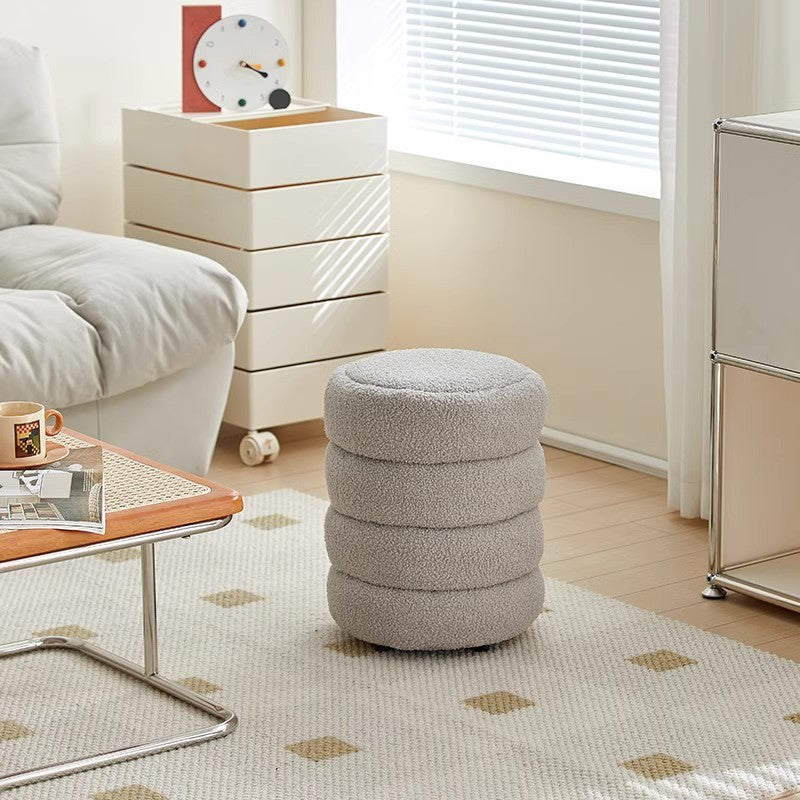 Contemporary Nordic Lambswool Wood Round Low Stool Multi-Tier For Living Room And Bedroom