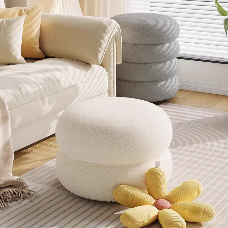 Contemporary Nordic Lambswool Wood Round Low Stool Multi-Tier For Living Room And Bedroom