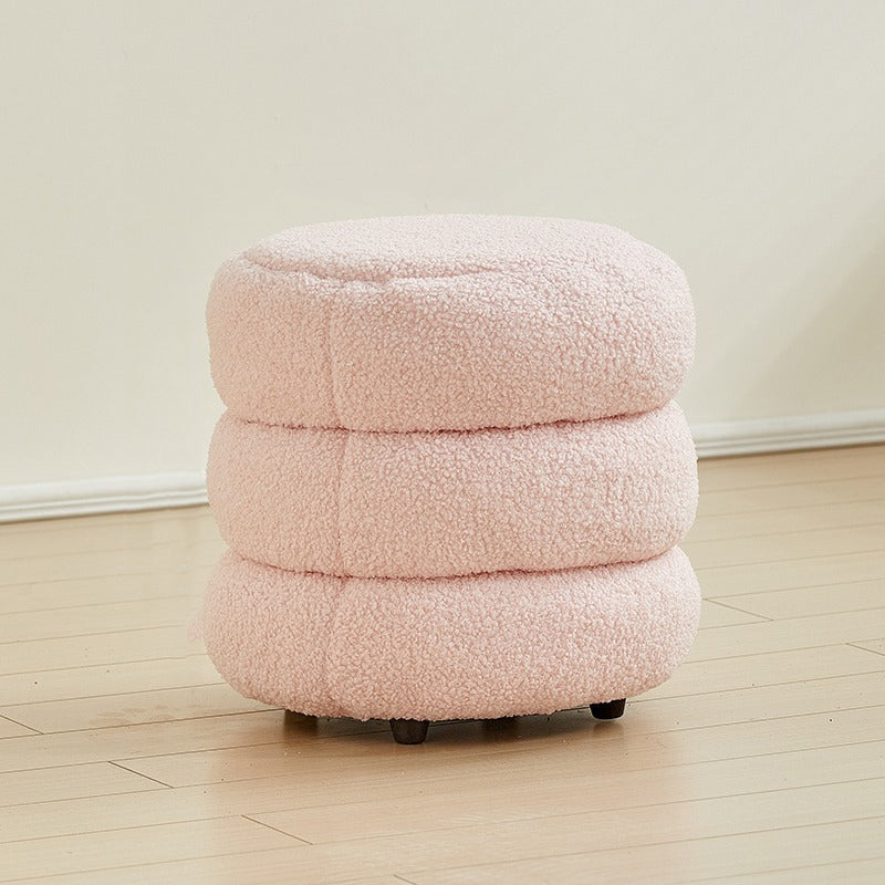 Contemporary Nordic Lambswool Wood Round Low Stool Multi-Tier For Living Room And Bedroom