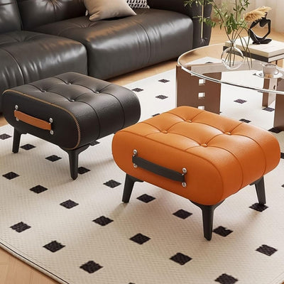 Modern Luxury Leather Wood Iron Rectangular Footstool With Portable Handle For Entryway And Living Room