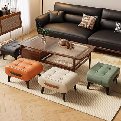 Modern Luxury Leather Wood Iron Rectangular Footstool With Portable Handle For Entryway And Living Room