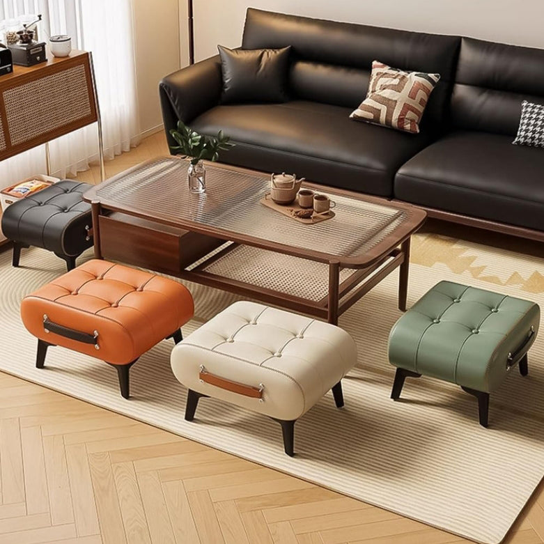 Modern Luxury Leather Wood Iron Rectangular Footstool With Portable Handle For Entryway And Living Room