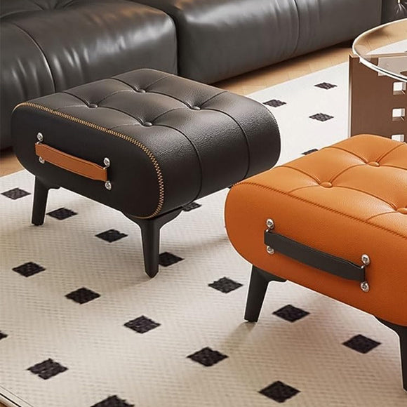 Modern Luxury Leather Wood Iron Rectangular Footstool With Portable Handle For Entryway And Living Room