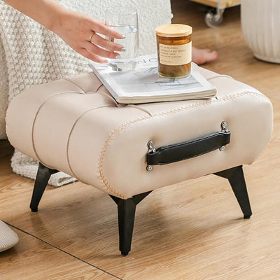 Modern Luxury Leather Wood Iron Rectangular Footstool With Portable Handle For Entryway And Living Room