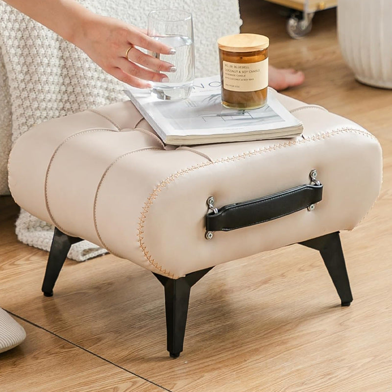 Modern Luxury Leather Wood Iron Rectangular Footstool With Portable Handle For Entryway And Living Room