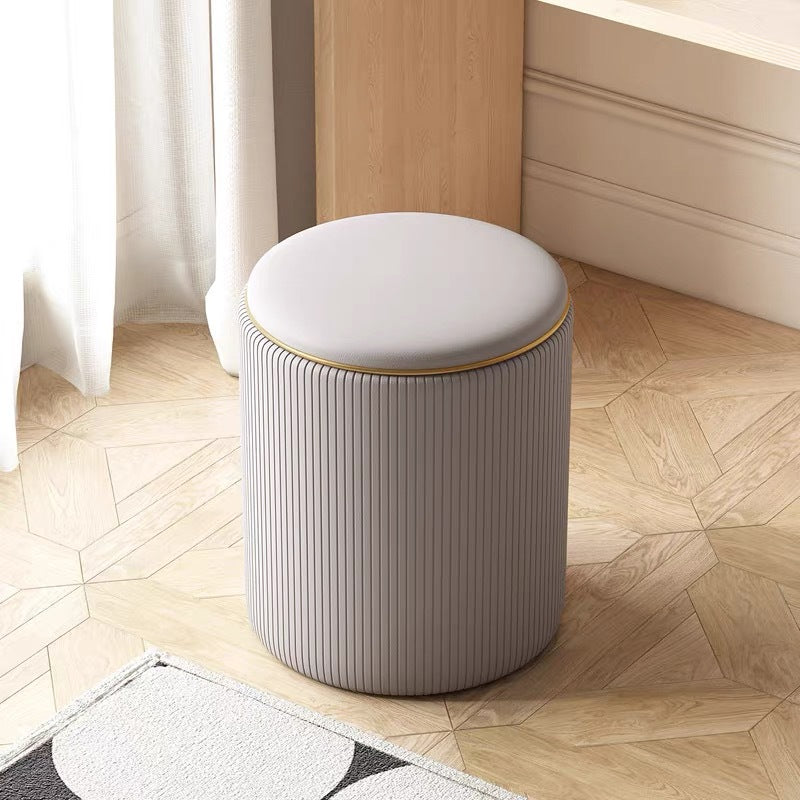 Contemporary Nordic Faux Leather Wood Round Vanity Stool With Hidden Storage For Bedroom