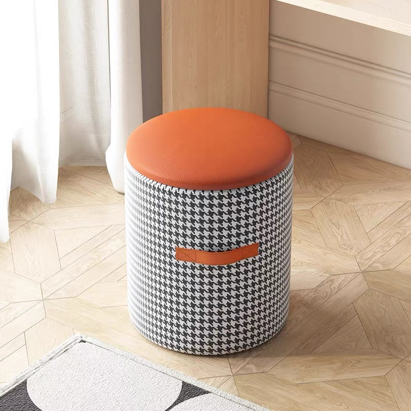 Contemporary Nordic Faux Leather Wood Round Vanity Stool With Hidden Storage For Bedroom