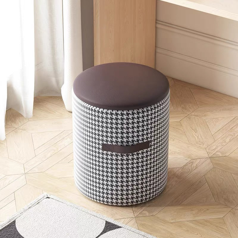 Contemporary Nordic Faux Leather Wood Round Vanity Stool With Hidden Storage For Bedroom