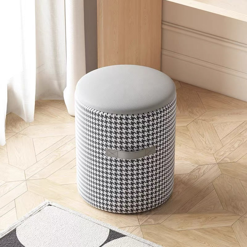 Contemporary Nordic Faux Leather Wood Round Vanity Stool With Hidden Storage For Bedroom