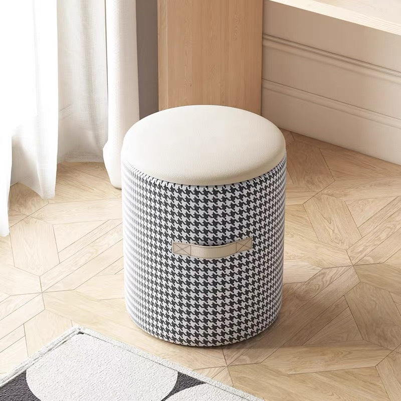 Contemporary Nordic Faux Leather Wood Round Vanity Stool With Hidden Storage For Bedroom