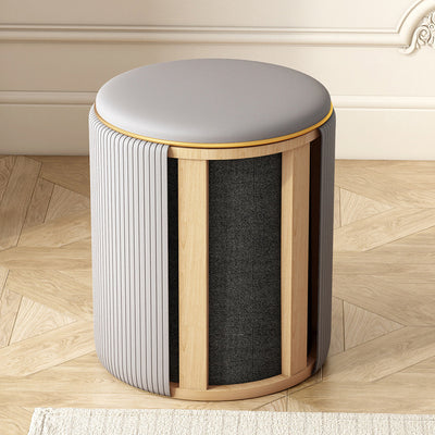 Contemporary Nordic Faux Leather Wood Round Vanity Stool With Hidden Storage For Bedroom
