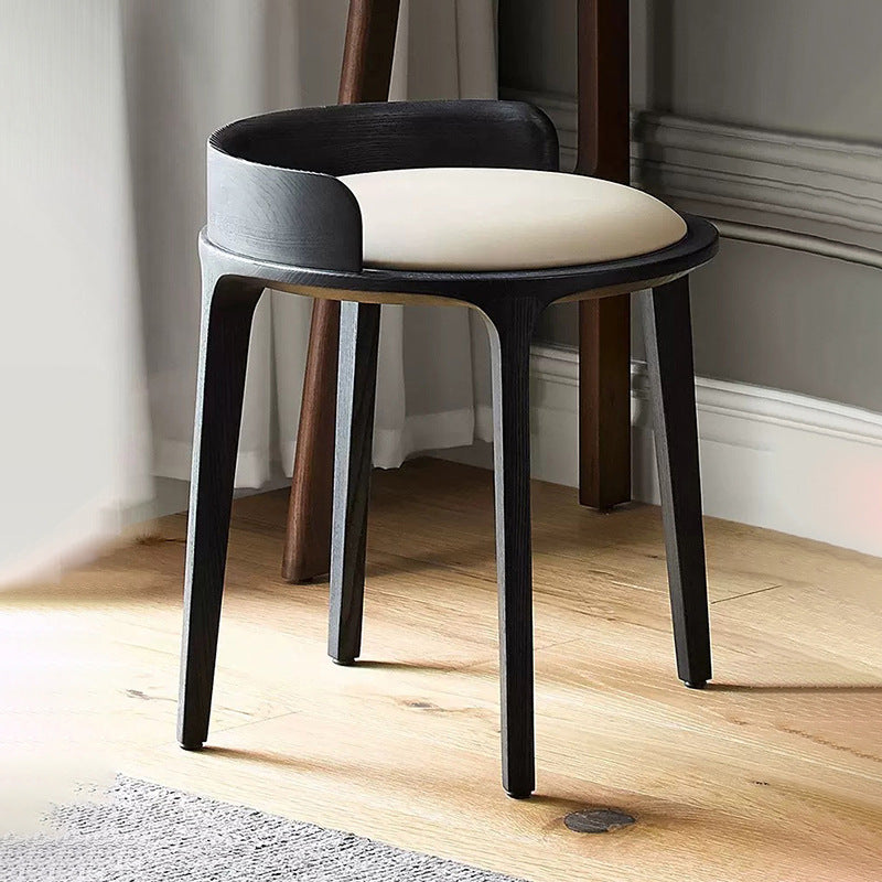 Contemporary Retro Ash Oak Wood Leather Round Vanity Stool With