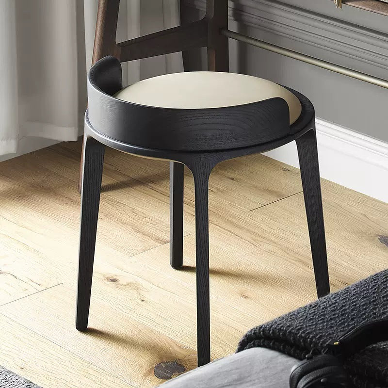 Zeitgenössischer Retro-Hocker aus Eschenholz und Leder mit Rückenlehne für das Schlafzimmer 