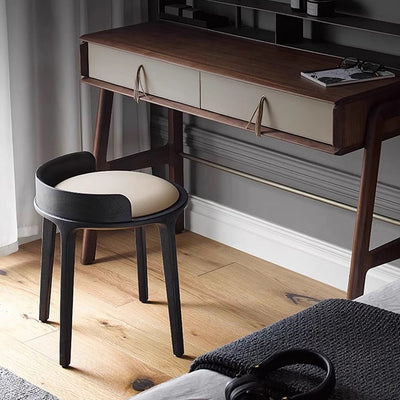 Zeitgenössischer Retro-Hocker aus Eschenholz und Leder mit Rückenlehne für das Schlafzimmer 