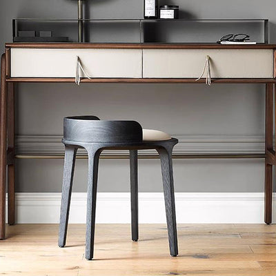 Zeitgenössischer Retro-Hocker aus Eschenholz und Leder mit Rückenlehne für das Schlafzimmer 