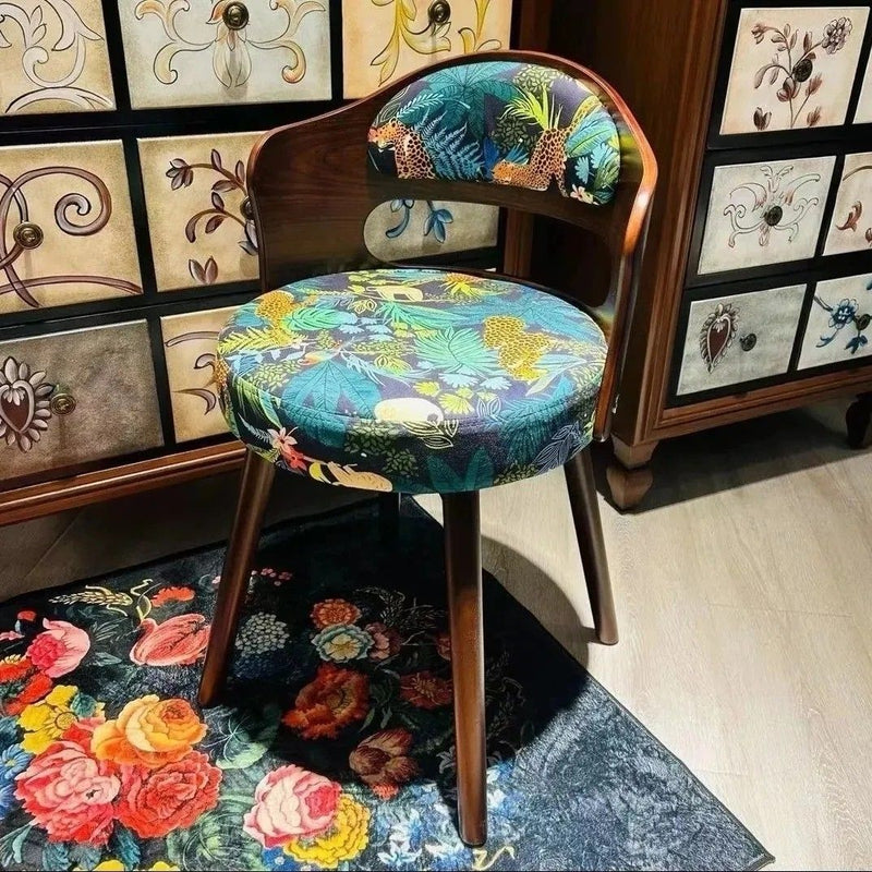 Tabouret de coiffeuse pivotant traditionnel en bois de hêtre et tissu à motif rond avec dossier et accoudoirs pour chambre 