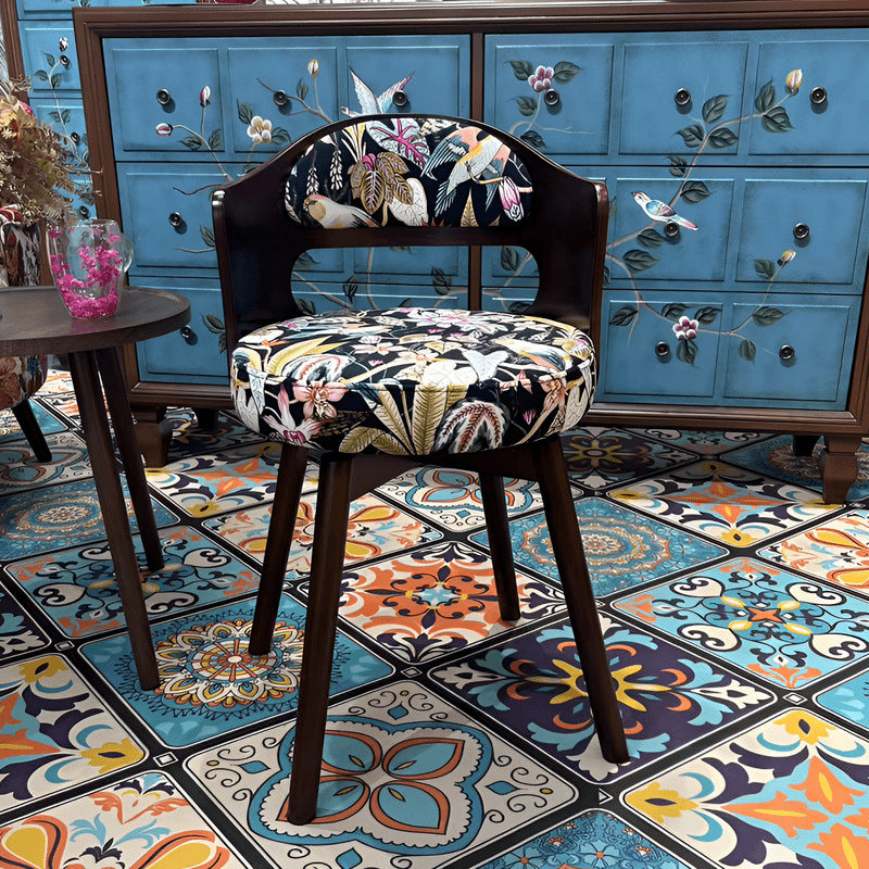 Tabouret de coiffeuse pivotant traditionnel en bois de hêtre et tissu à motif rond avec dossier et accoudoirs pour chambre 