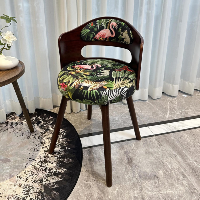 Tabouret de coiffeuse pivotant traditionnel en bois de hêtre et tissu à motif rond avec dossier et accoudoirs pour chambre 