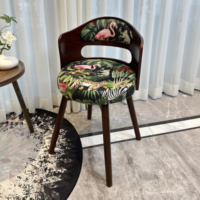 Tabouret de coiffeuse pivotant traditionnel en bois de hêtre et tissu à motif rond avec dossier et accoudoirs pour chambre 