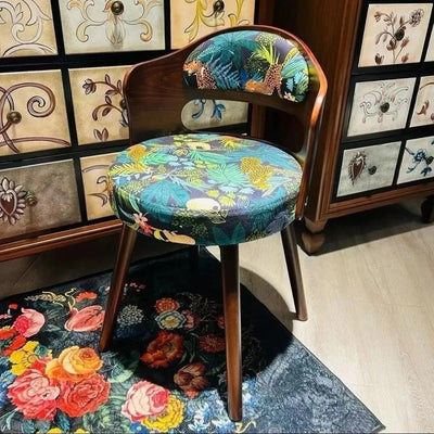 Tabouret de coiffeuse pivotant traditionnel en bois de hêtre et tissu à motif rond avec dossier et accoudoirs pour chambre 