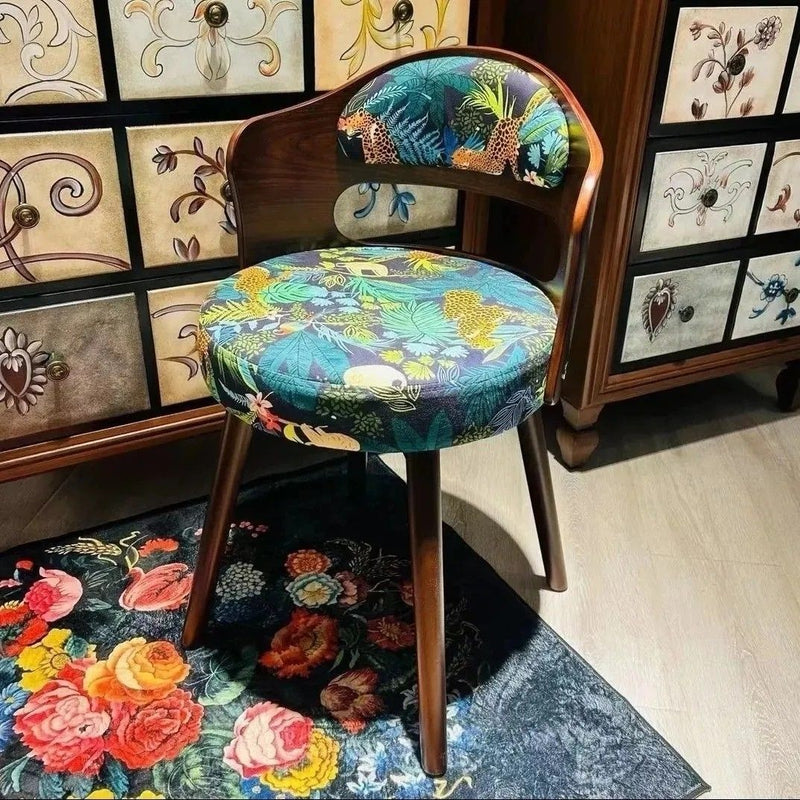 Tabouret de coiffeuse pivotant traditionnel en bois de hêtre et tissu à motif rond avec dossier et accoudoirs pour chambre 