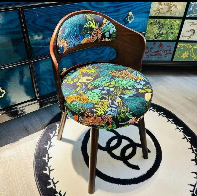 Tabouret de coiffeuse pivotant traditionnel en bois de hêtre et tissu à motif rond avec dossier et accoudoirs pour chambre 