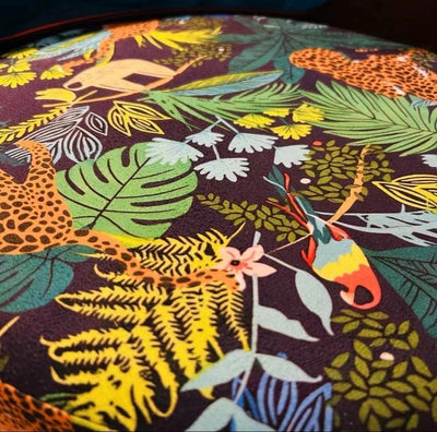 Tabouret de coiffeuse pivotant traditionnel en bois de hêtre et tissu à motif rond avec dossier et accoudoirs pour chambre 
