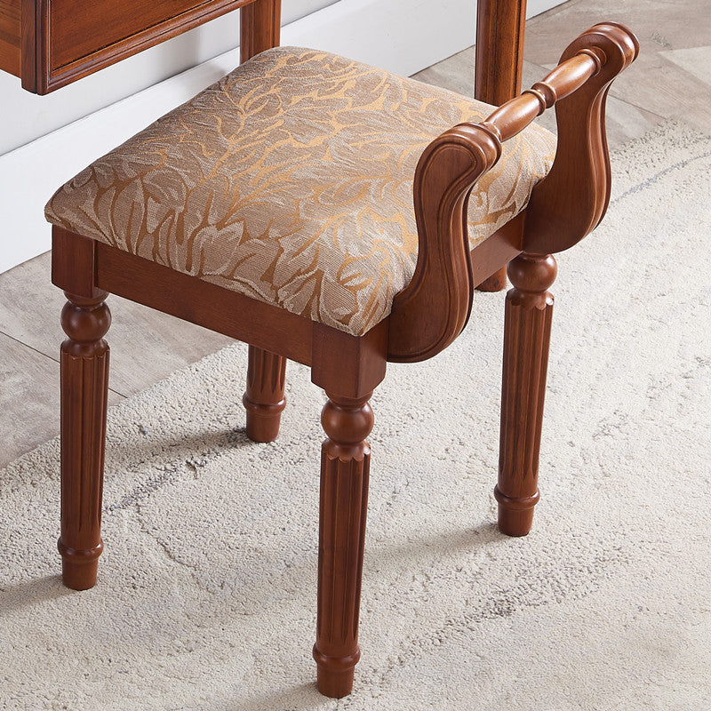 Zeitgenössischer Retro-Mikrofaser-Lederstoff Holz Jacquard Quadratische Schminkhocker mit Rückenlehne für das Schlafzimmer 