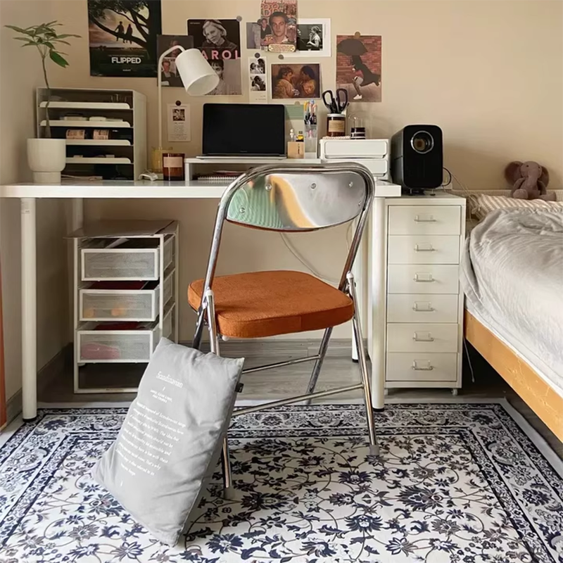 Contemporary Retro Foldable Corduroy Metal Square Desk Chair With Backrest For Study Or Home Office