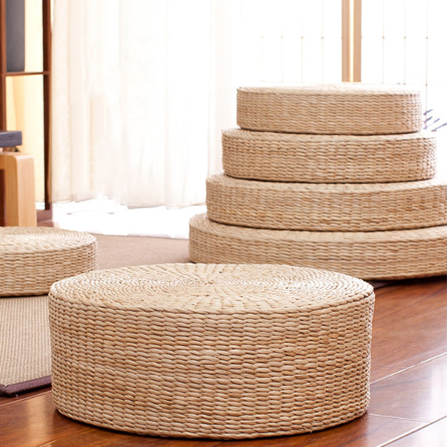 Traditional Japanese Weaving Rush Grass Cotton Round Cushion Low Stool Stackable For Living Room